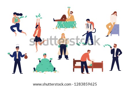 Bundle of rich men and women isolated on white background. Set of careless wealthy people, moneybags or nouveau riches throwing money bills, carrying and hiding them. Flat cartoon vector illustration.