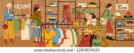 Women choosing and buying stylish clothes at clothing store or apparel boutique. Female customers purchasing trendy garments at shop. Fast fashion and mass market. Flat cartoon vector illustration.
