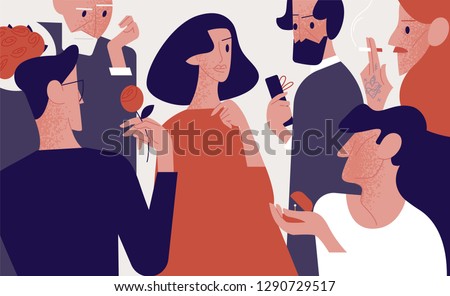 Beautiful attractive woman surrounded by old and young admirers or suitors giving her gifts, flowers, proposing marriage. Popularity among men. Colorful vector illustration in flat cartoon style.