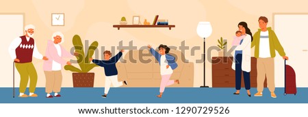 Joyful grandchildren meeting their grandparents. Happy family visiting grandfather and grandmother. Grandson and granddaughter running to hug grandma and granddad. Flat cartoon vector illustration.