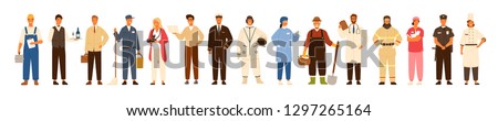 Collection of men and women of various occupations or profession wearing professional uniform - construction worker, farmer, physician, waiter, cleaner, astronaut. Flat cartoon vector illustration.