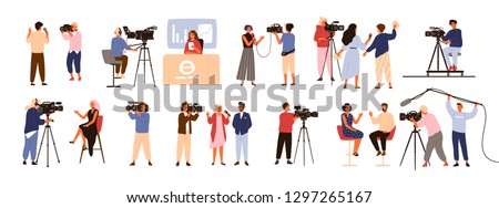 Collection of journalists, talk show hosts interviewing people, news presenters and cameramen or videographers with cameras isolated on white background. Vector illustration in flat cartoon style.