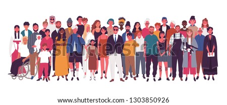 Diverse multiracial and multicultural group of people isolated on white background. Happy old and young men, women and children standing together. Social diversity. Flat cartoon vector illustration.