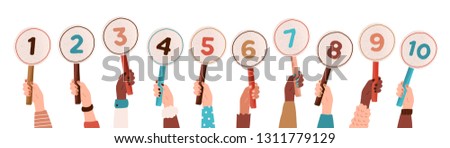 Collection of male and female hands holding round cards or signs with amount of scores got in competition, tournament or contest. Votes of judges. Colored vector illustration in flat cartoon style.