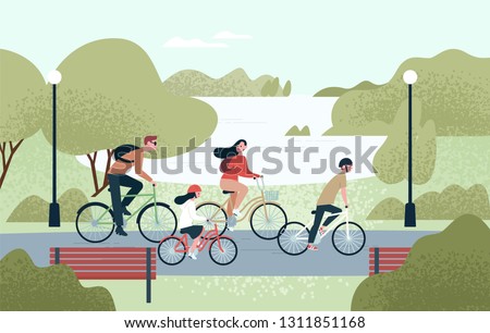 Happy family riding bicycles. Joyful mother, father, daughter and son on bikes at park. Parents and kids cycling together. Recreational outdoor activity. Vector illustration in flat cartoon style.