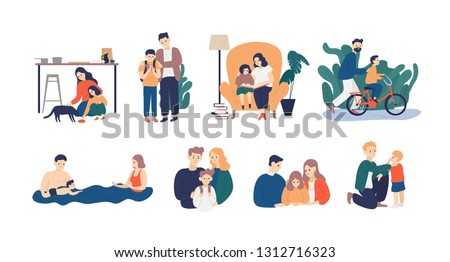 Bundle of happy loving family scenes. Good parenting and nurturing. Care, trust and support between parents and children. Mother and father educating and teaching their kid. Flat vector illustration.