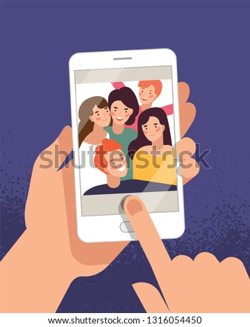 Hands holding mobile phone with happy boys and girls displaying on screen. Friends posing for selfie, group of joyful people photographing themselves. Flat colorful cartoon vector illustration.