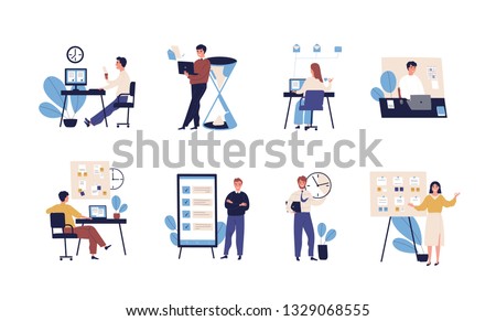 Collection of people successfully organizing their tasks and appointments. Set of scenes with efficient and effective time management and multitasking at work. Flat cartoon vector illustration.