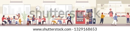 School cafeteria, canteen or dining hall with pupils carrying trays with meals, sitting at tables and eating lunch, buying snacks at vending machine. Vector illustration in flat cartoon style.