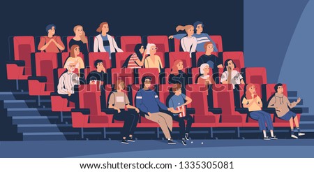 People sitting in chairs at movie theater or cinema auditorium. Young and old men, women and children watching film or motion picture. Viewers or moviegoers. Flat cartoon vector illustration. Photo stock © 
