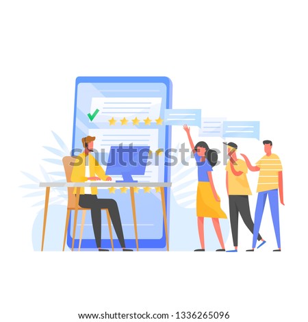 Customer support manager, online consultant, call center specialist wearing headphones sitting at computer, five star rating and group of clients standing in queue. Flat colorful vector illustration.