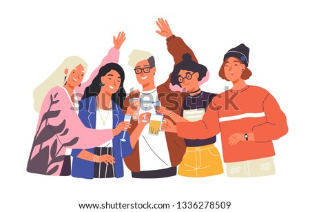 Group of happy boys and girls clinking glasses and drinking alcohol at celebratory party. Portrait of cute joyful friends celebrating together. Colorful vector illustration in flat cartoon style.