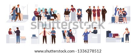 Bundle of scenes with tourists or aircraft passengers. Friends, families with children, couples at check-in, airport baggage reclaim area, waiting hall or in plane. Flat cartoon vector illustration.