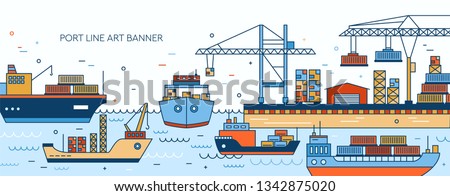 Banner template with seaport, marine terminal, freight vessels, cargo ships containerships, sea watercrafts, port cranes and warehouse. Maritime transportation. Vector illustration in line art style.