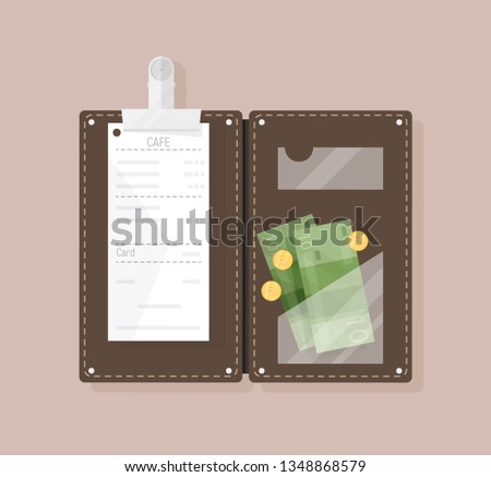 Open bill holder or check presenter with restaurant receipt, money banknotes and coins, top view. Customer's payment for cafe service, tips or gratuity. Colorful vector illustration in flat style.