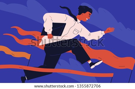 Smiling office worker or clerk jumping over barrier. Concept of person overcoming obstacles, withstanding adverse conditions and winning professional competition. Modern flat vector illustration.