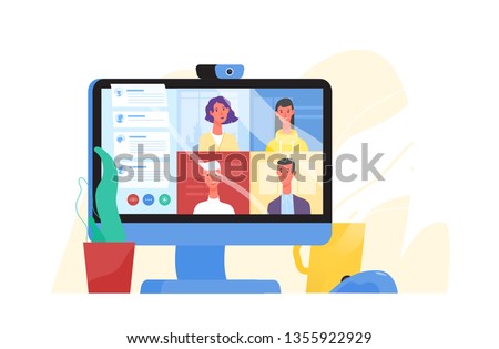 Desktop computer with group of colleagues taking part in video conference. Software for videoconferencing and online communication. Virtual work meeting. Modern vector illustration in flat style.