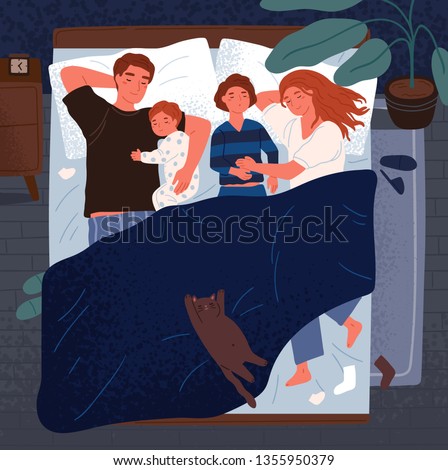 Mother, father and children sleeping together on one bed. Mom, dad and kids embracing each other and slumbering at night. Happy loving adorable family. Flat cartoon colorful vector illustration.