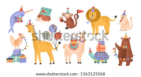 Collection of cute adorable wild animals celebrating birthday at party. Bundle of funny amusing cartoon characters in cone hats holding cake, gifts, balloons. Flat childish vector illustration.