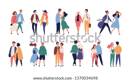 Collection of couples on romantic date. Set of teenage boys and girls holding hands, walking together isolated on white background. Bundle of men and women in love. Flat cartoon vector illustration.