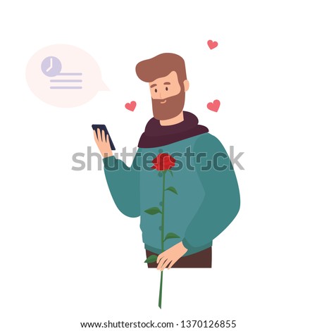Cute bearded man holding rose flower, waiting for first romantic date and texting or sending messages through dating application for smartphone. Flat cartoon colorful vector illustration.