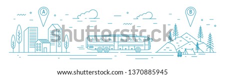 Monochrome banner template with bus riding from departure point towards forest camp at destination point. Touristic transportation, travel transport service. Vector illustration in line art style.