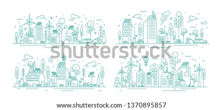 Bundle of urban landscapes with eco city using modern ecologically friendly technologies - wind power, solar energy, electric transportation. Monochrome vector illustration in line art style.