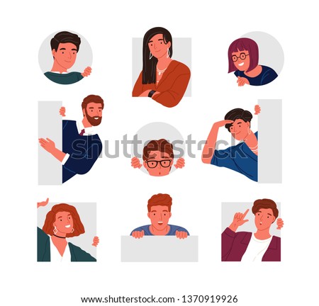 Collection of peeping people isolated on white background. Set of portraits of funny curious young men and women searching something. Bundle of design elements. Flat cartoon vector illustration.