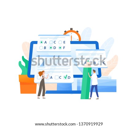 Giant computer and tiny male and female students passing internet test and filling in form. Online exam, distant learning or education. Modern educational technology. Flat vector illustration.