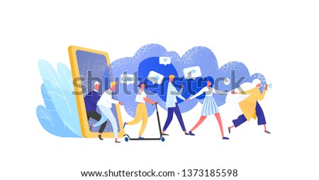 Concept of referral marketing, Refer A Friend loyalty program, promotion method. Group of people or customers holding hands and walking out of giant smartphone. Modern flat vector illustration. 