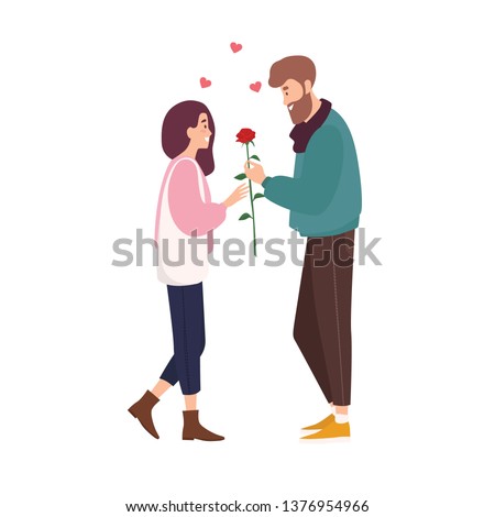 Adorable happy couple in love on romantic date. Cute smiling boy giving rose flower to girl. Young man and woman met through online dating application or website. Flat cartoon vector illustration.