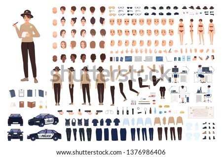 Policewoman constructor set or animation kit. Collection of female police officer body parts, gestures, postures, clothes or uniform isolated on white background. Flat cartoon vector illustration.