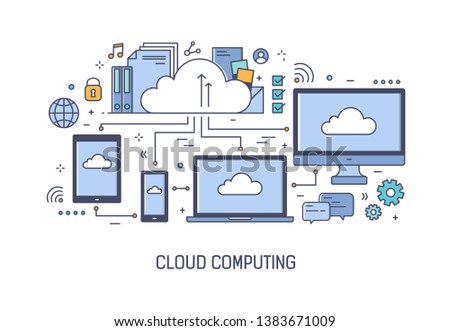 Web banner template with networked electronic devices. Cloud computing technology, information or files storage, data processing service. Colorful vector illustration in modern line art style.