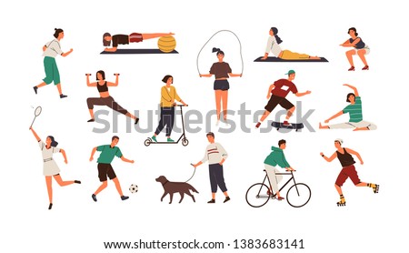 Set of funny people performing sports activities, fitness workout or playing games. Bundle of training or exercising men and women isolated on white background. Flat cartoon vector illustration. Сток-фото © 