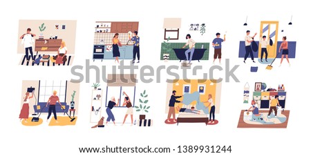 Collection of cute funny people doing housework. Set of men, women and children washing dishes, cleaning windows, vacuuming carpet, folding clothes, making bed. Flat cartoon vector illustration.