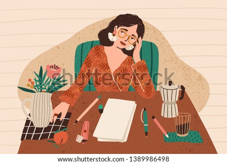 Image, Stock Photo Pensive woman sitting on bed