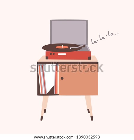 Analog music player or turntable playing song or vinyl record isolated on light background. Home furnishing or old-fashioned audio device. Colorful decorative vector illustration in modern flat style.