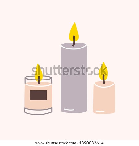 Burning wax or paraffin aromatic candles for aroma therapy isolated on light background. Cute hygge home decoration, holiday decorative design element. Flat cartoon colorful vector illustration.