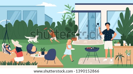 Happy family spending time in backyard. Mother, father and children performing recreational activities in garden. Parents and kids at barbecue party or picnic. Flat cartoon vector illustration.