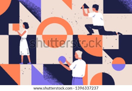 Group of people arranging abstract geometric shapes. Men and women holding figures - circle, square, triangle. Concept of organization and arrangement. Modern flat cartoon vector illustration.