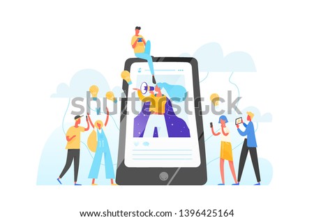 Mobile phone, woman with megaphone on screen and young people surrounding her. Influencer marketing, social media or network promotion, SMM. Flat vector illustration for internet advertisement.