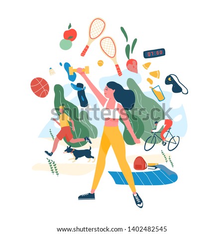 People performing sports activities or exercise and wholesome food. Concept of healthy habits, active lifestyle, fitness training, dietary nutrition, outdoor workout. Modern flat vector illustration. Foto stock © 