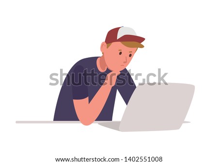 Young pensive boy sitting at laptop computer and studying hard isolated on white background. Student or schoolboy preparing for exams at university or school. Flat cartoon colored vector illustration.