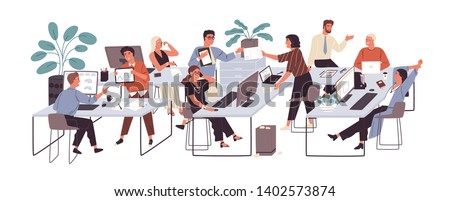 Group of office workers sitting at desks and communicating or talking to each other. Dialogs or conversations between colleagues or clerks at workplace. Flat cartoon colorful vector illustration. Foto stock © 