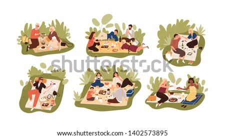 Collection of young and elderly people at picnic. Bundle of happy men, women and children eating meals outdoors. Set of friends, families and couples having lunch. Flat cartoon vector illustration.