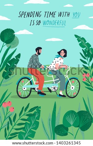 Poster template with cute couple riding tandem bike at park and romantic phrase. Young boy and girl in love or pair of lovers on bicycle. Flat cartoon vector illustration for St. Valentine's Day.