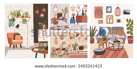 Collection of interiors with stylish comfy furniture and home decorations. Bundle of cozy living rooms or apartments furnished in trendy Scandinavian hygge style. Flat colorful vector illustration.