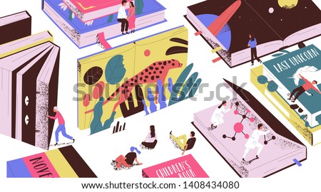 Cute tiny people reading fairytales, science fiction, giant textbooks. Concept of book world, readers at library, literature lovers or fans. Colorful vector illustration in modern flat cartoon style.