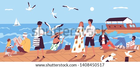 Cute happy people walking along quay or seafront and feeding seagulls against sea or ocean with sail boats on background. Vacation at seaside resort. Flat cartoon colorful vector illustration.
