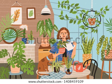 Crazy plant lady at greenhouse or home garden. Cute funny young woman with watering can taking care of houseplants growing in pots or planters. Modern vector illustration in flat cartoon style.